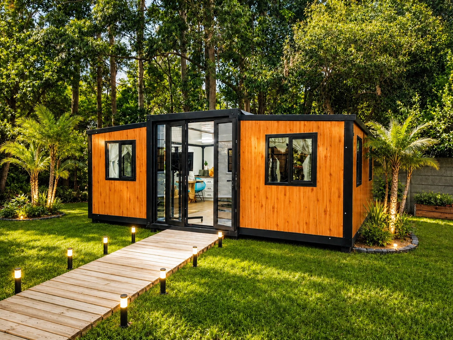 Landscaped 20 ft home with wood cladding and black frames