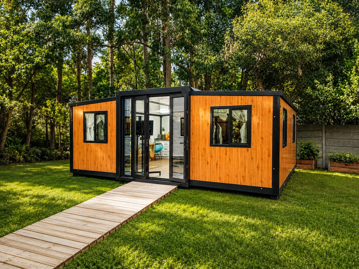 Wood-clad 20 ft expandable home with a glazed entrance in a garden setting