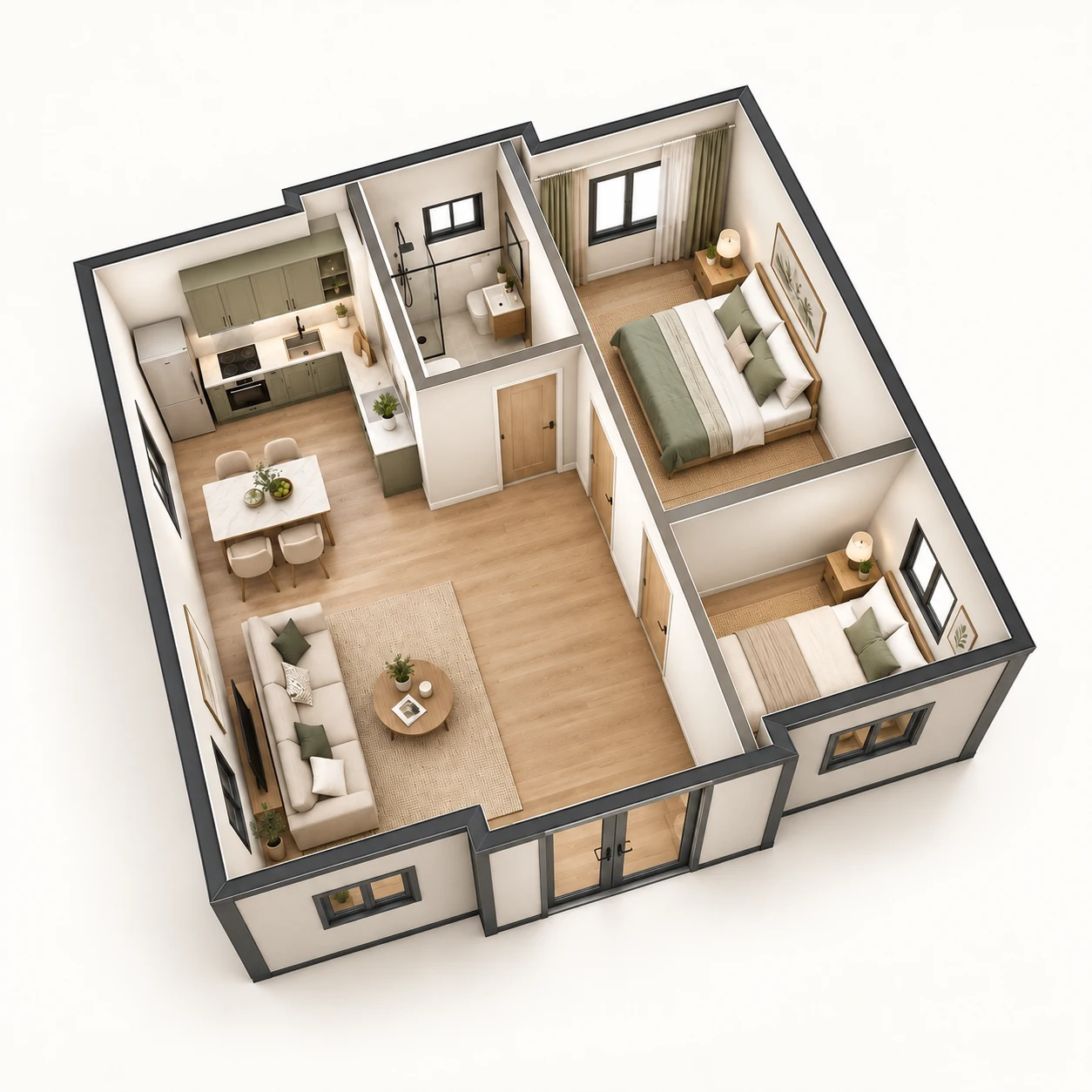 20 ft 3D layout: open-plan living on the left, rear bathroom and two bedrooms on the right, with the bedroom beside the bathroom larger