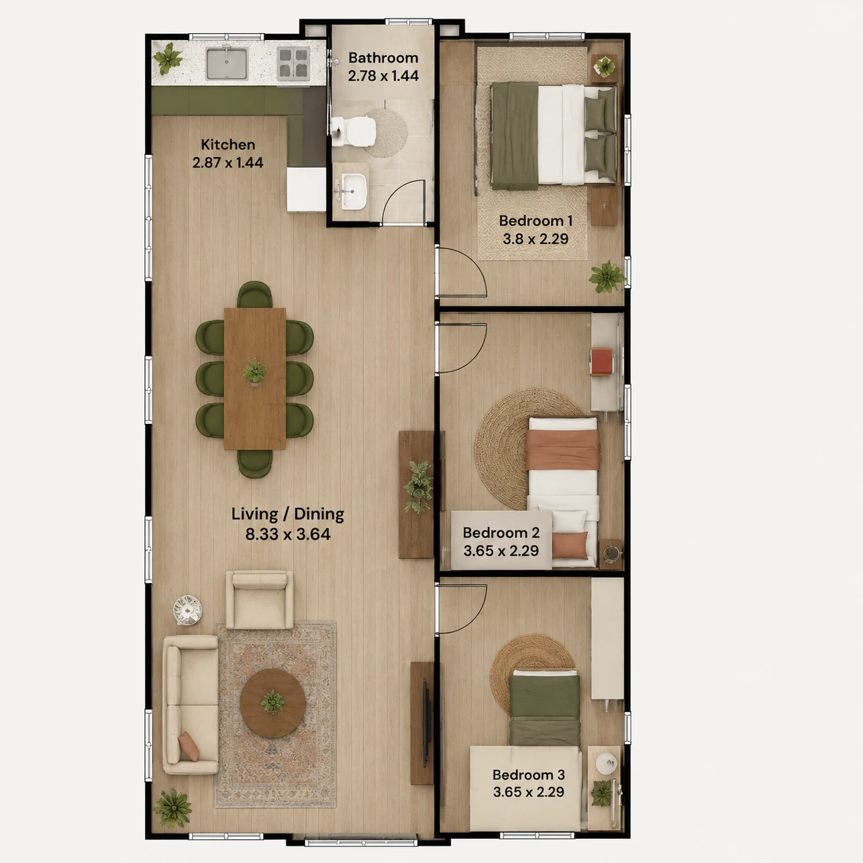 Furnished 40 ft three-bedroom layout with a shared living area and bathroom
