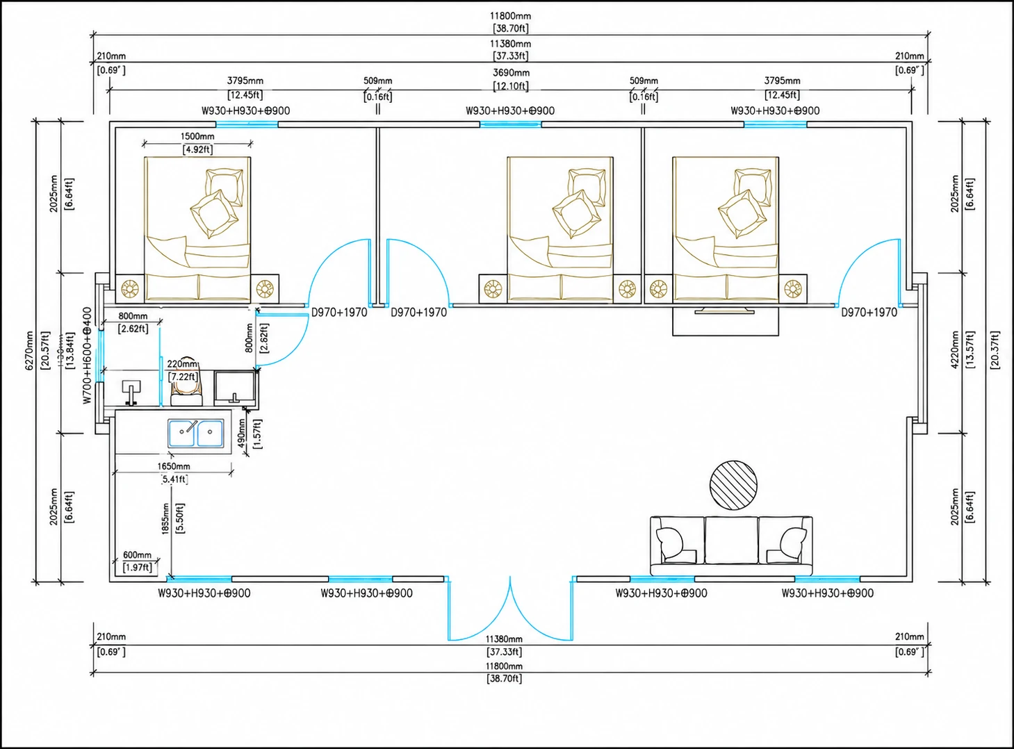 Supplied 40 ft three-bedroom technical layout reference