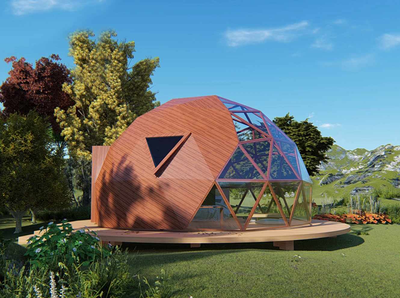 Illustration of a dome combining wood panels and triangular glass